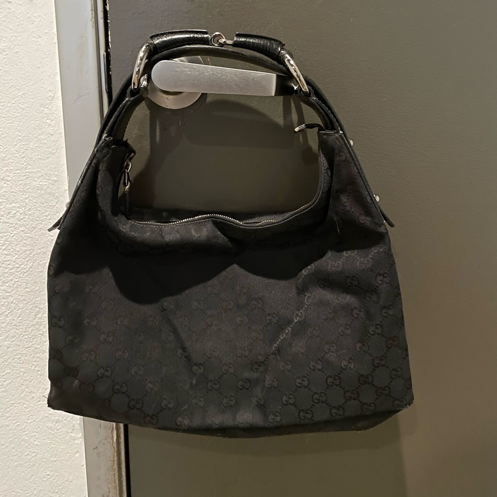 Gucci Horsebit Hobo Medium Black Canvas Monogram GG Shoulder Bag Handbag